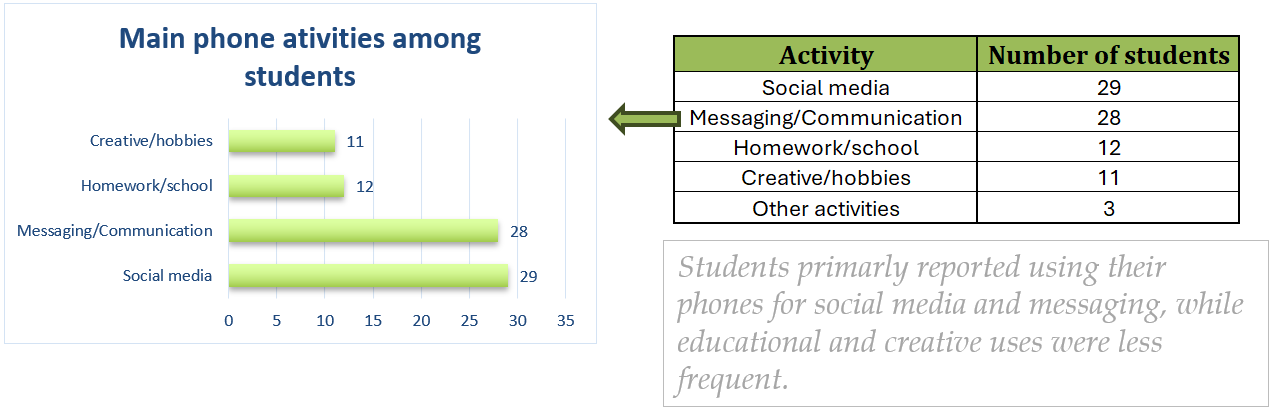 Horizontal bar chart showing main phone activities among students